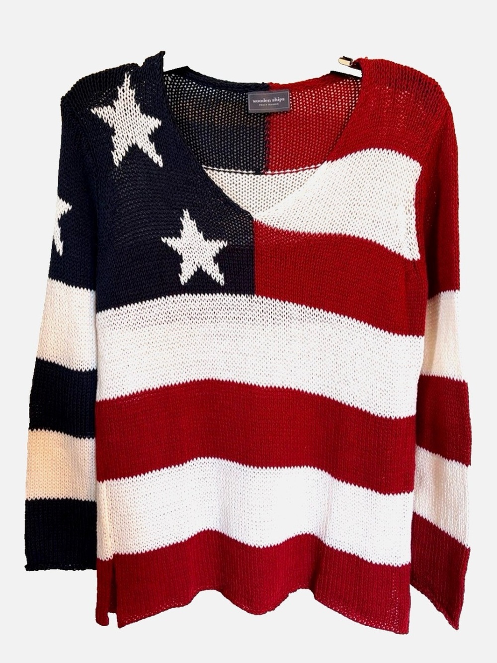 Wooden Ships American Flag Sweater S/M Patriotic Red White Blue Stars Stripes